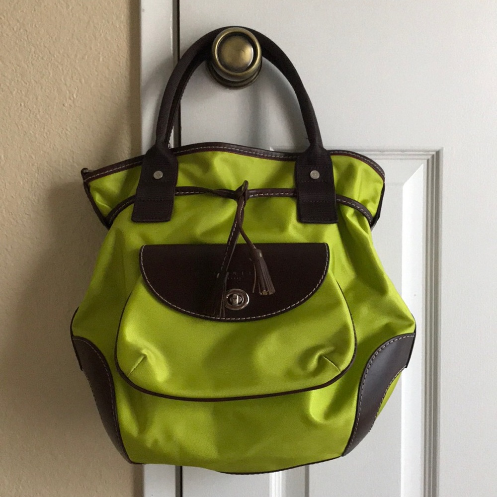 Lancel Nylon Canvas Leather Trim Bucket Tote Bag